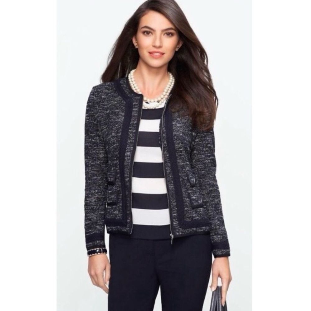 Talbots Navy and White Tweed Zip-Front Blazer